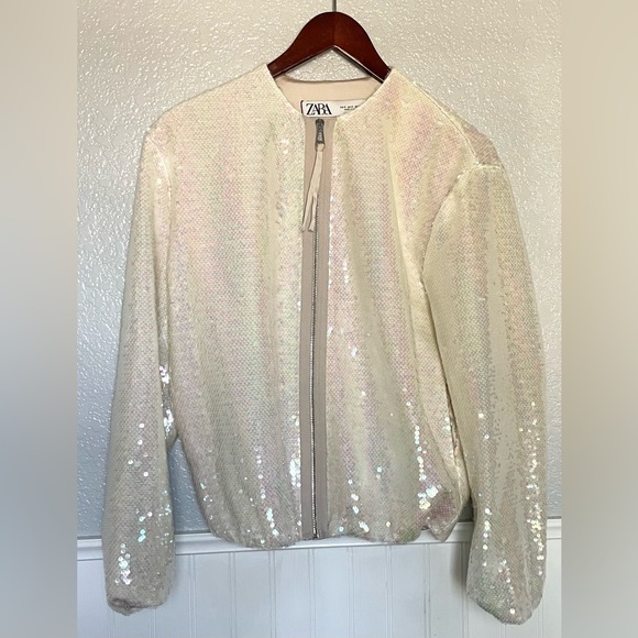 ZARA NEW WOMAN SEQUIN BOMBER JACKET CREAM S 2451/003/000/043 - Picture 2 of 12